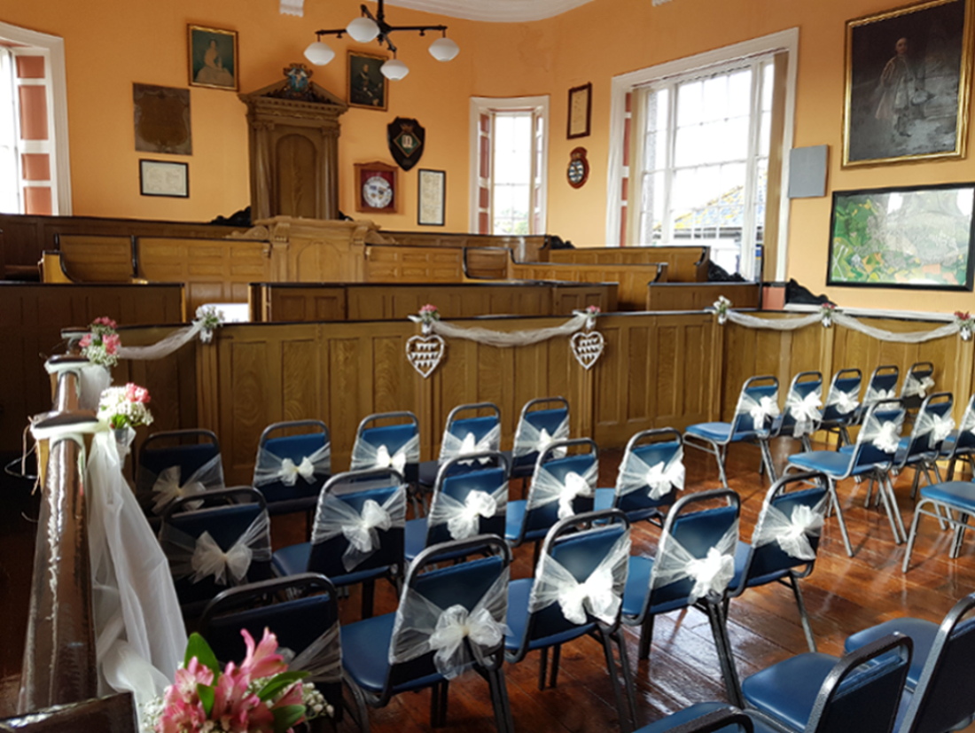 Council Chamber decorated for wedding